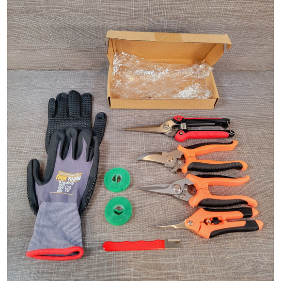 8 Pcs Garden Set. 4 Trimming Scissors, Sharpener, Gloves (S), 2 Plant Tie Rolls - Picture 2 of 10